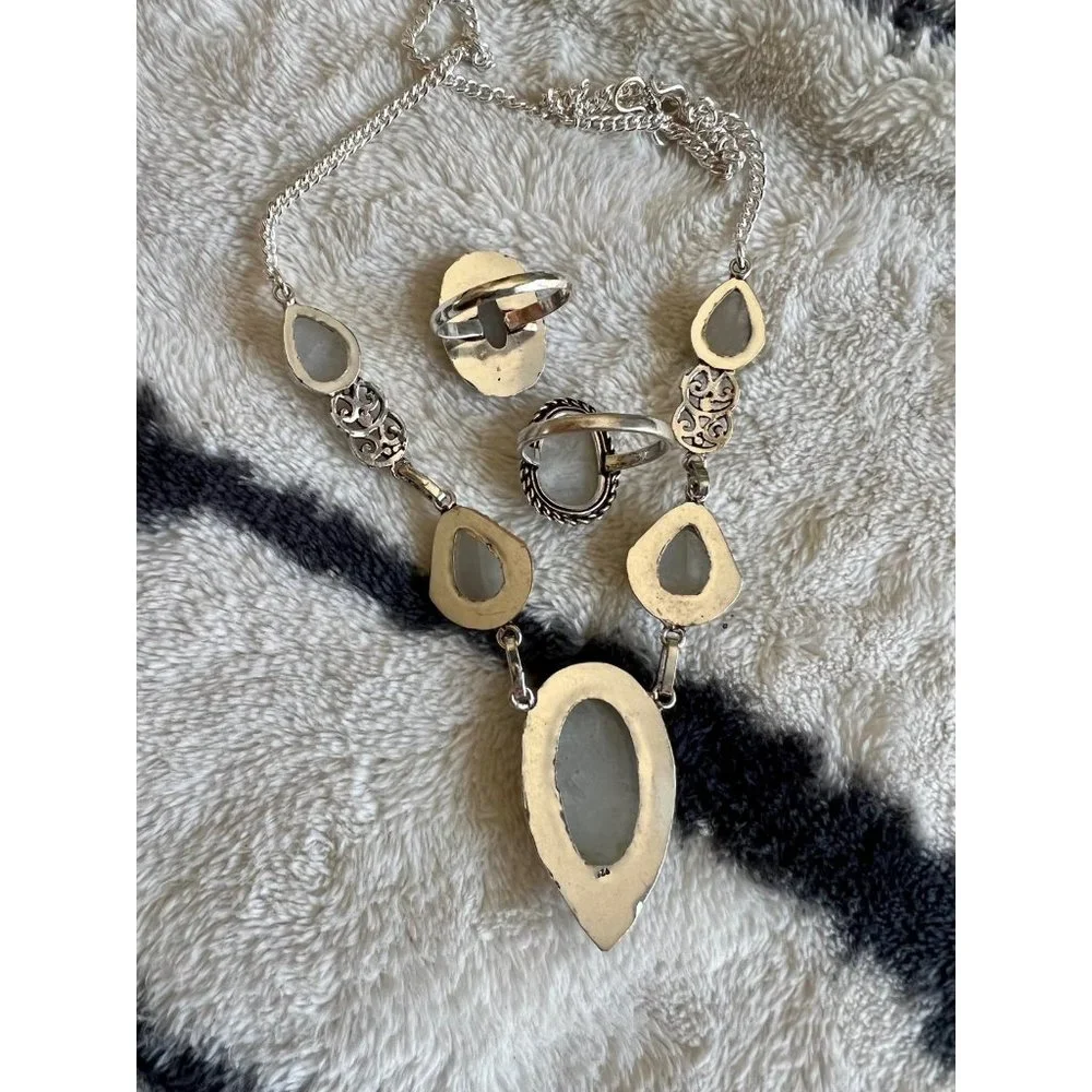 925 Rainbow Flash Moonstone Necklace + Ring Set - Picture 4 of 9